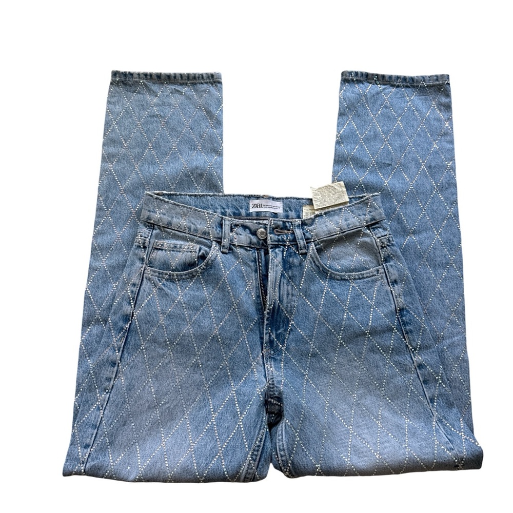 Zara High-Rise Blue Diamond-Quilted Jeans
